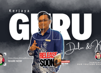 Kerjaya Guru di Malaysia: Dulu & Kini lustrasi kerjaya guru di Malaysia yang menunjukkan seorang guru sedang mengajar dengan murid-murid tekun mendengar pada tahun 1990, berlatarbelakangkan gambaran tekanan guru di tahun 2025.