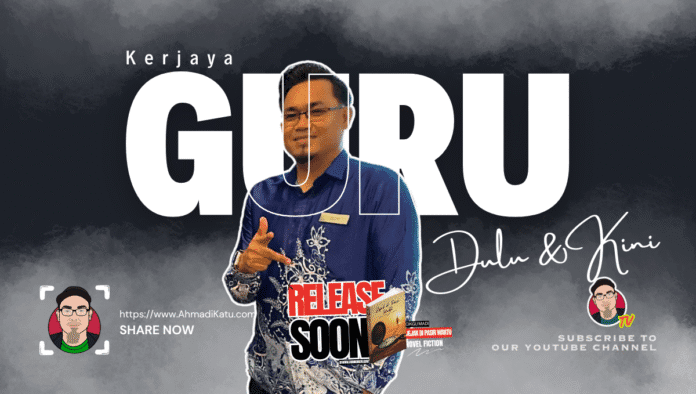 lustrasi kerjaya guru di Malaysia yang menunjukkan seorang guru sedang mengajar dengan murid-murid tekun mendengar pada tahun 1990, berlatarbelakangkan gambaran tekanan guru di tahun 2025.