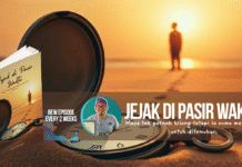 Jejak di Pasir Waktu – Bab 2 Book cover of Jejak di Pasir Waktu, featuring a pocket watch half-buried in sand with a silhouette of a boy on a sunset beach.