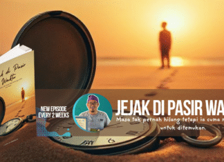 Jejak di Pasir Waktu – Bab 3 Book cover of Jejak di Pasir Waktu, featuring a pocket watch half-buried in sand with a silhouette of a boy on a sunset beach.