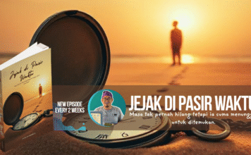 Jejak di Pasir Waktu – Bab 3 Book cover of Jejak di Pasir Waktu, featuring a pocket watch half-buried in sand with a silhouette of a boy on a sunset beach.