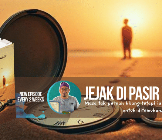 Jejak di Pasir Waktu – Bab 3 Book cover of Jejak di Pasir Waktu, featuring a pocket watch half-buried in sand with a silhouette of a boy on a sunset beach.